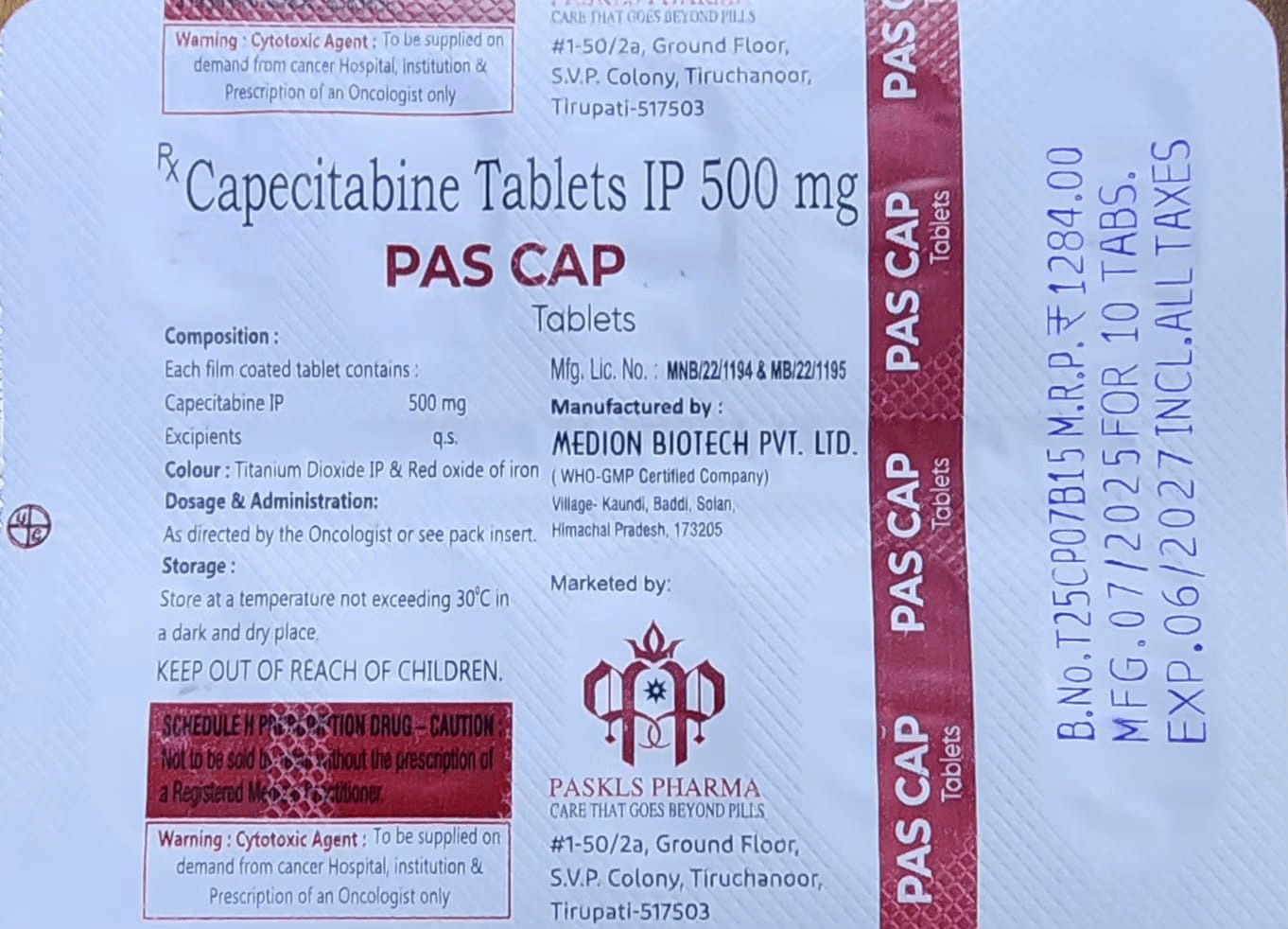 Dosage and administration guidelines for CAPECITABINE TABLETS IP 500mg — PAS CAP